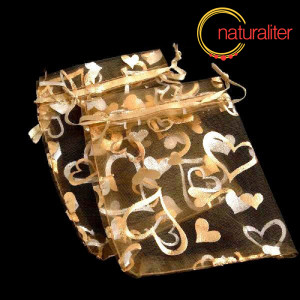 Dárkový organzový sáček zlatý se srdci 12x9cm